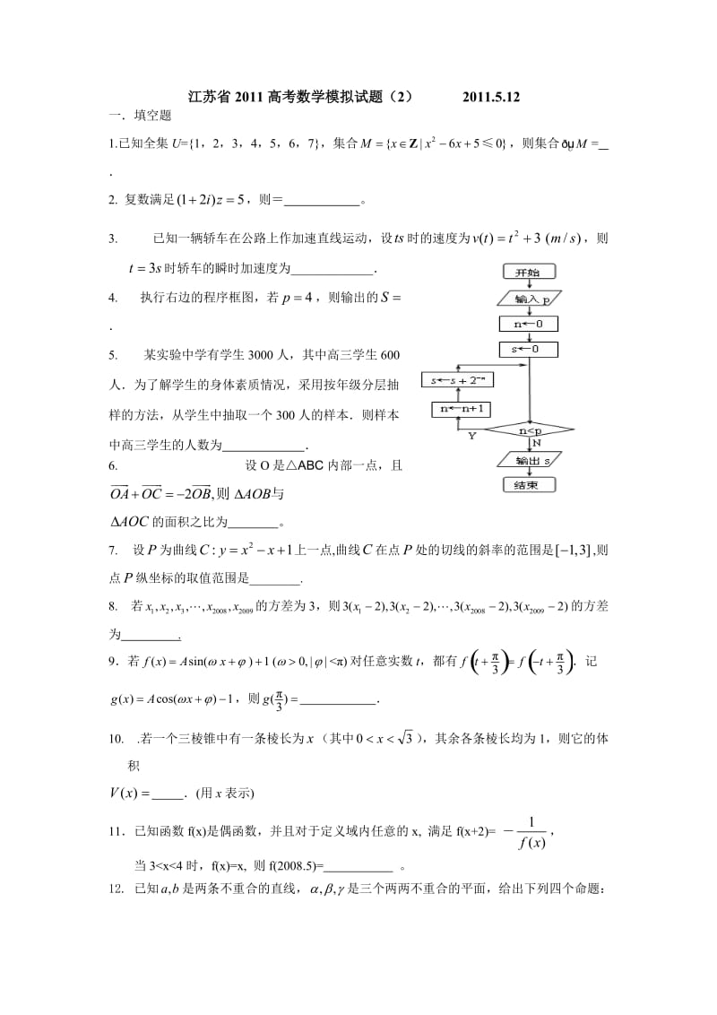 江苏省2011高考数学模拟试题.doc_第1页