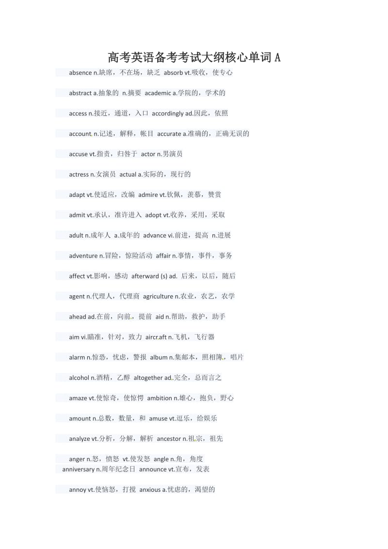 2014高考英语强效提分指南：备考考试大纲核心单词A.doc_第1页