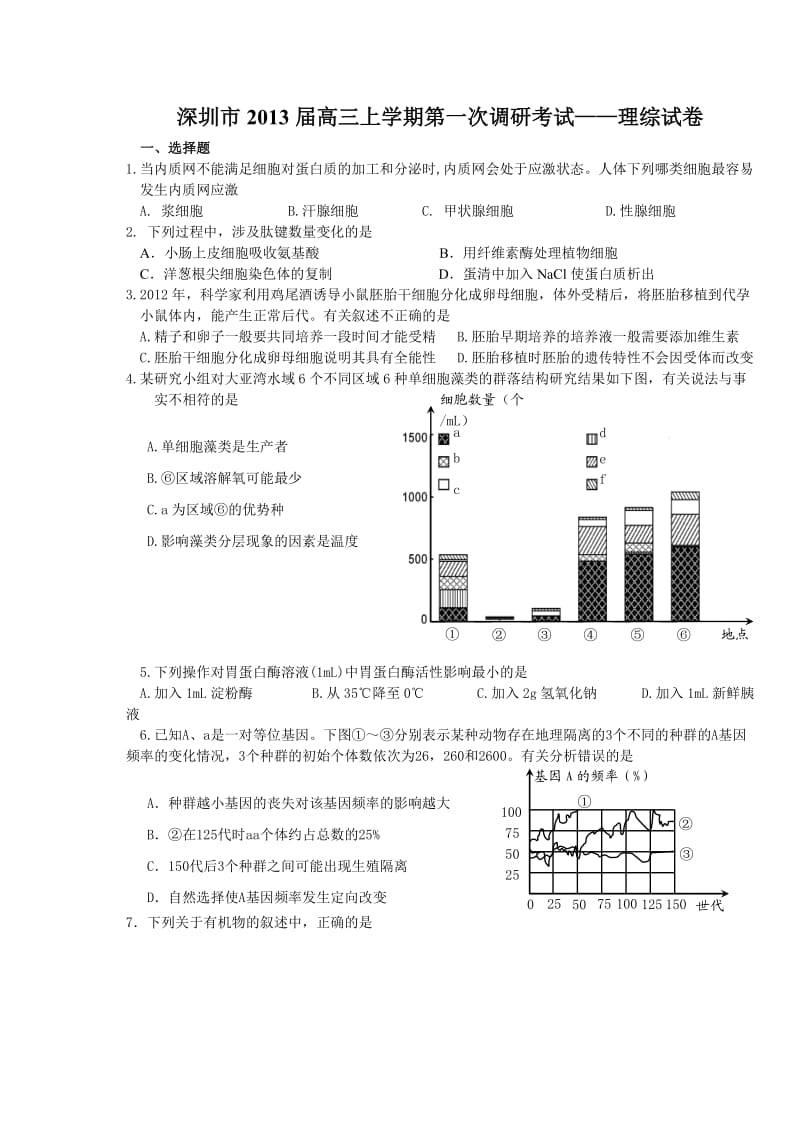 深圳市2013届高三上学期第一次调研考试-理综试卷.doc_第1页