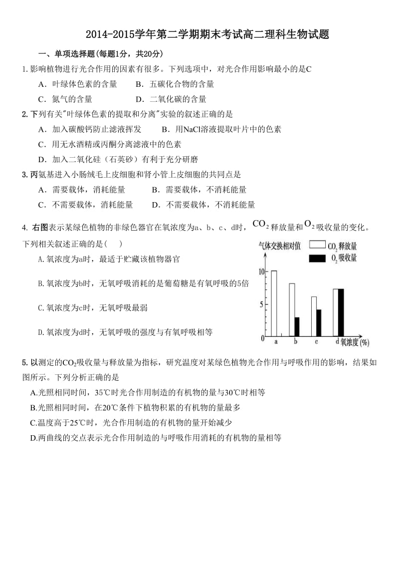 2014-2015第二学期期末考试题高二理科生物.doc_第1页