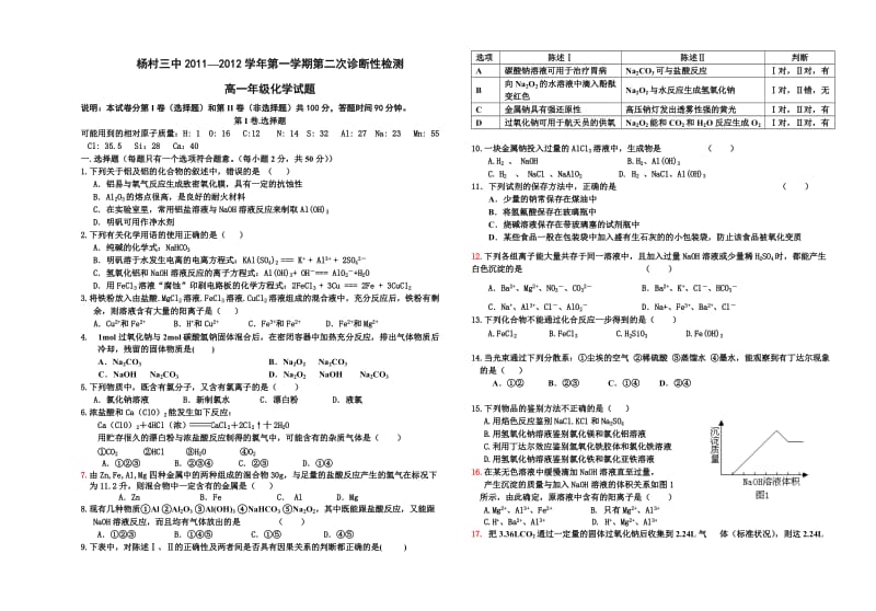 武清区杨村第三中学高一年级第二次月考化学试卷.doc_第1页