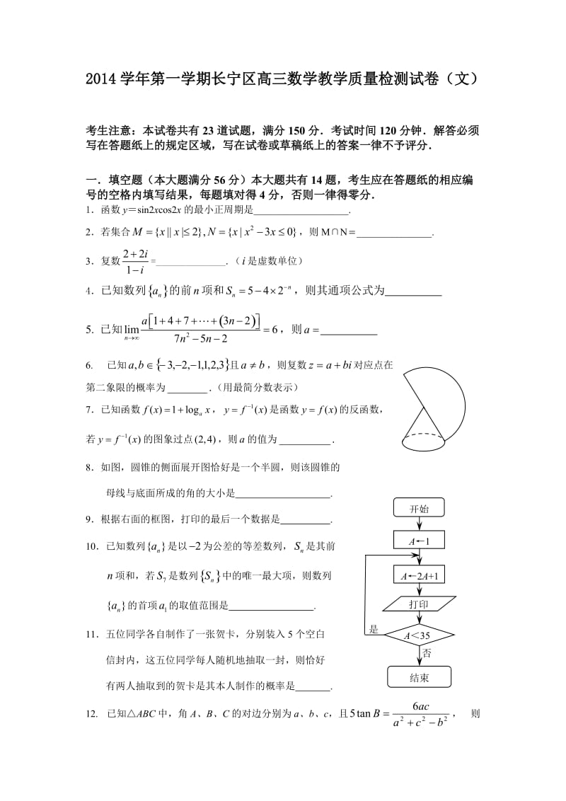 2014学年第一学期长宁区高三数学教学质量检测试卷(文).doc_第1页