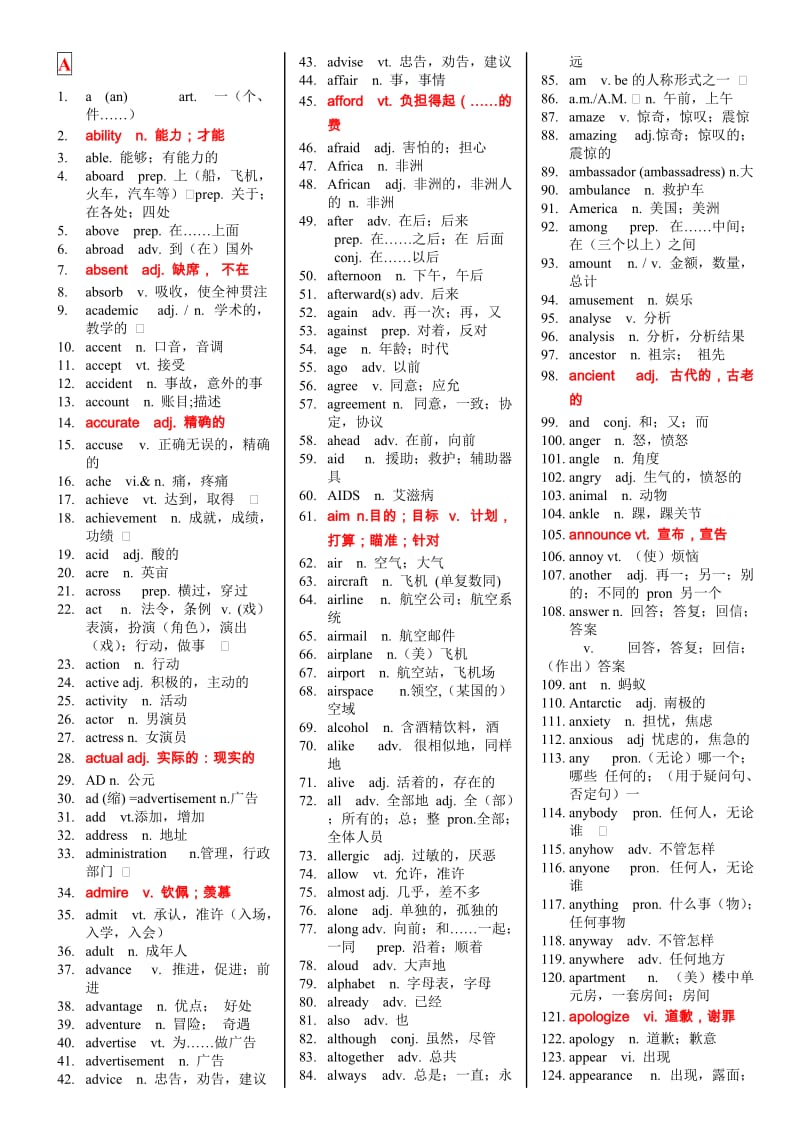 山东省普通高中学业水平英语词汇表A-H.doc_第1页