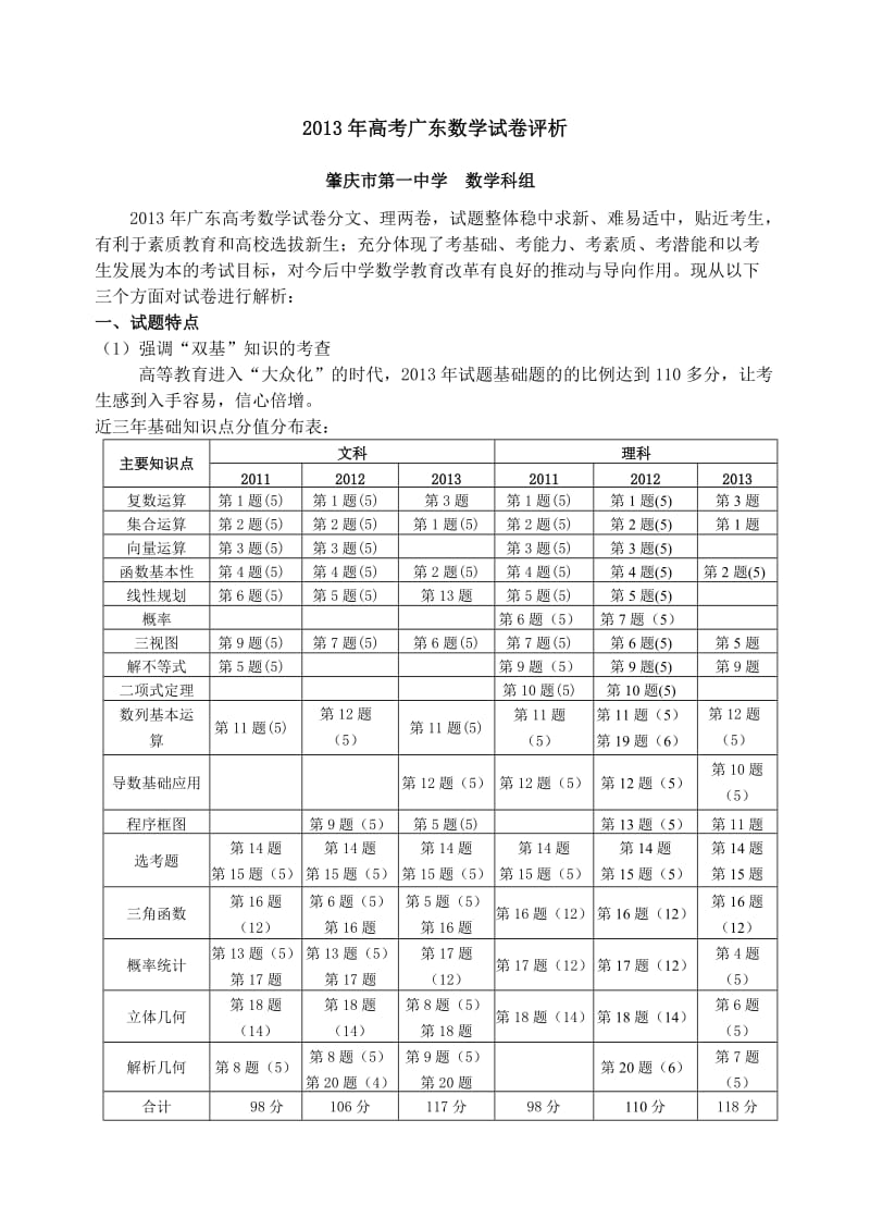 2013年广东高考数学试卷分析.doc_第1页