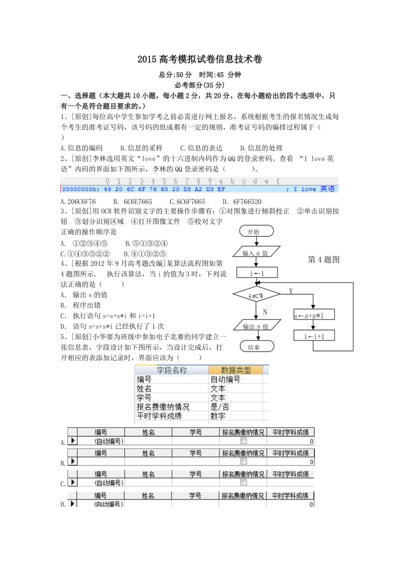 2015高考模拟试卷信息技术卷.doc_第1页