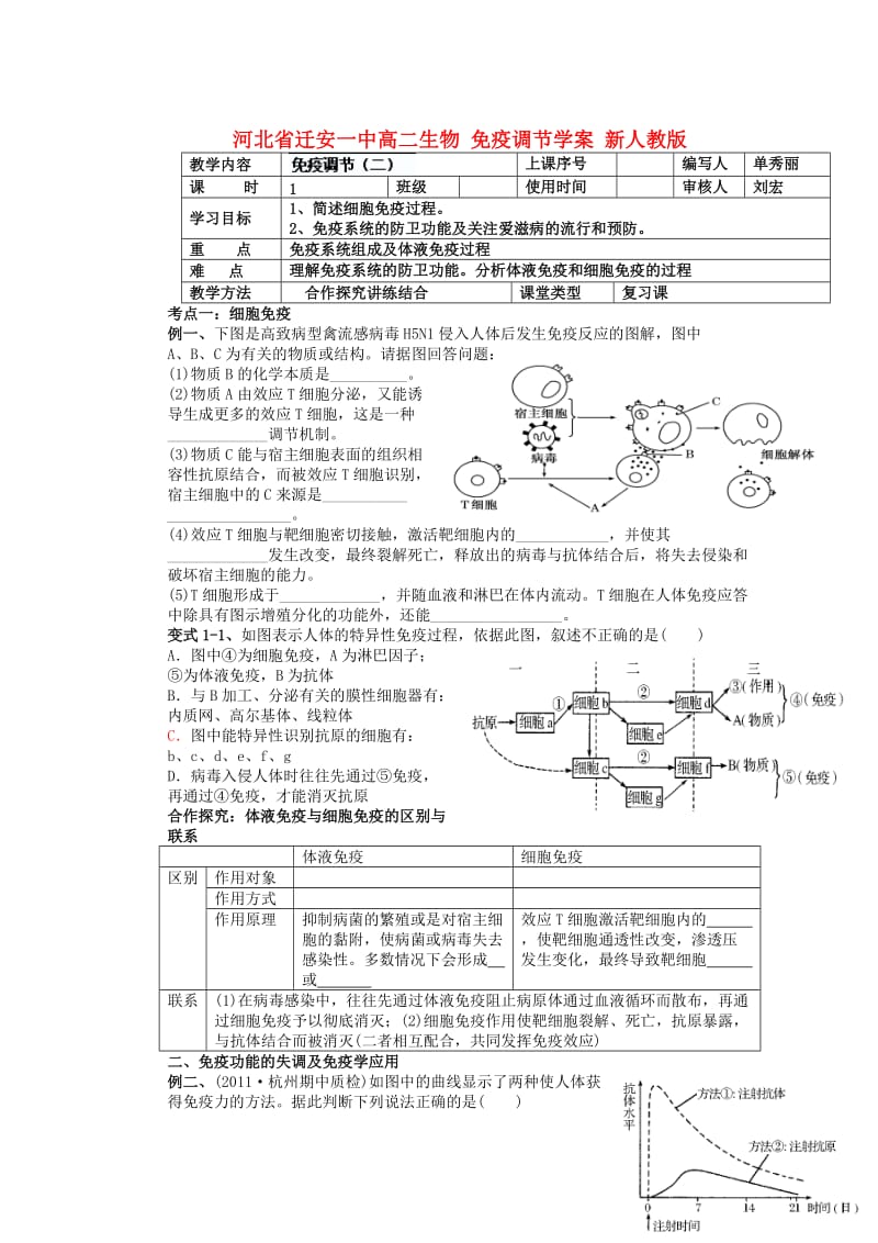 河北省迁安一中高二生物免疫调节学案新人教版.doc_第1页