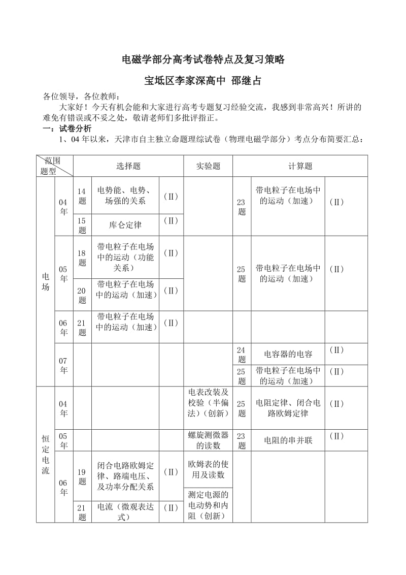 电磁学部分高考试卷特点及复习策略.doc_第1页