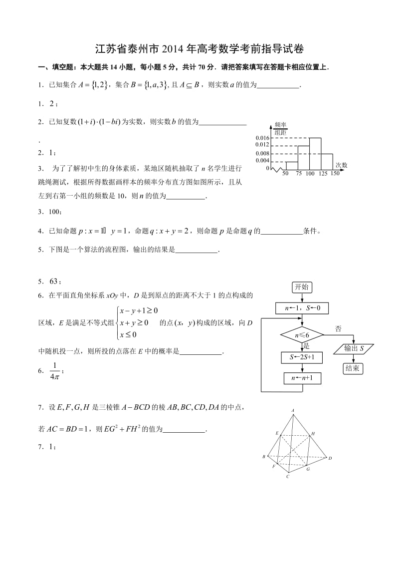 江苏省泰州市2014届高三高考数学指导试卷.doc_第1页