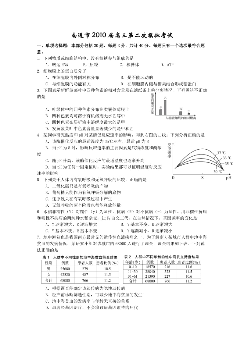 江苏省南通市2010届高三第二次模拟试卷(生物).doc_第1页