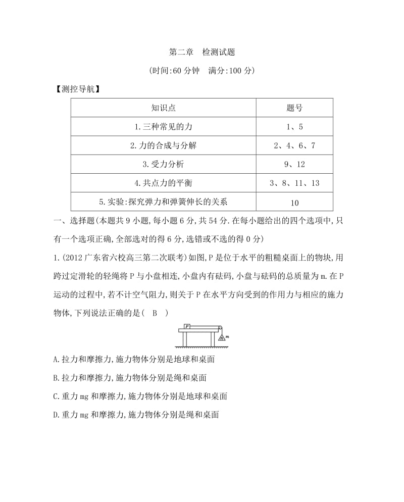 2014高考物理一轮复习检测试题福建专用第二章检测试题.doc_第1页