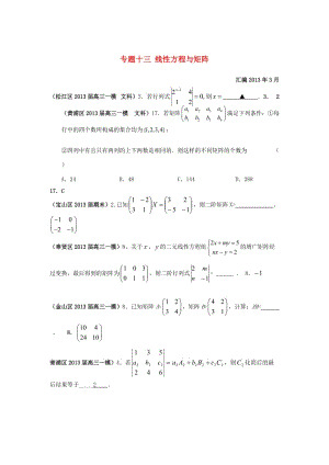 上海市17區(qū)縣2013屆高三數(shù)學(xué)一模分類(lèi)匯編專(zhuān)題十三線(xiàn)性方程與矩陣文.doc