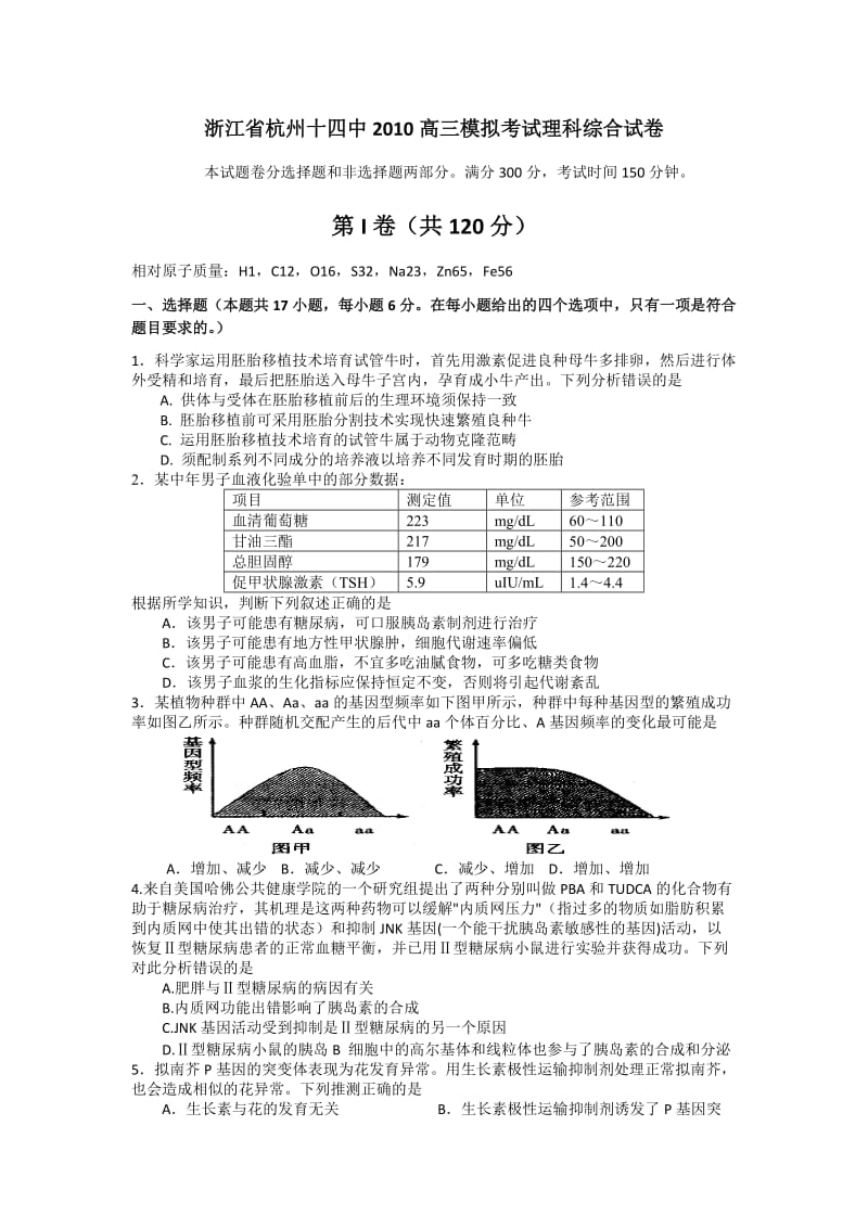 浙江省杭州十四中2010年高三模拟考试理科综合试卷与答案.doc_第1页