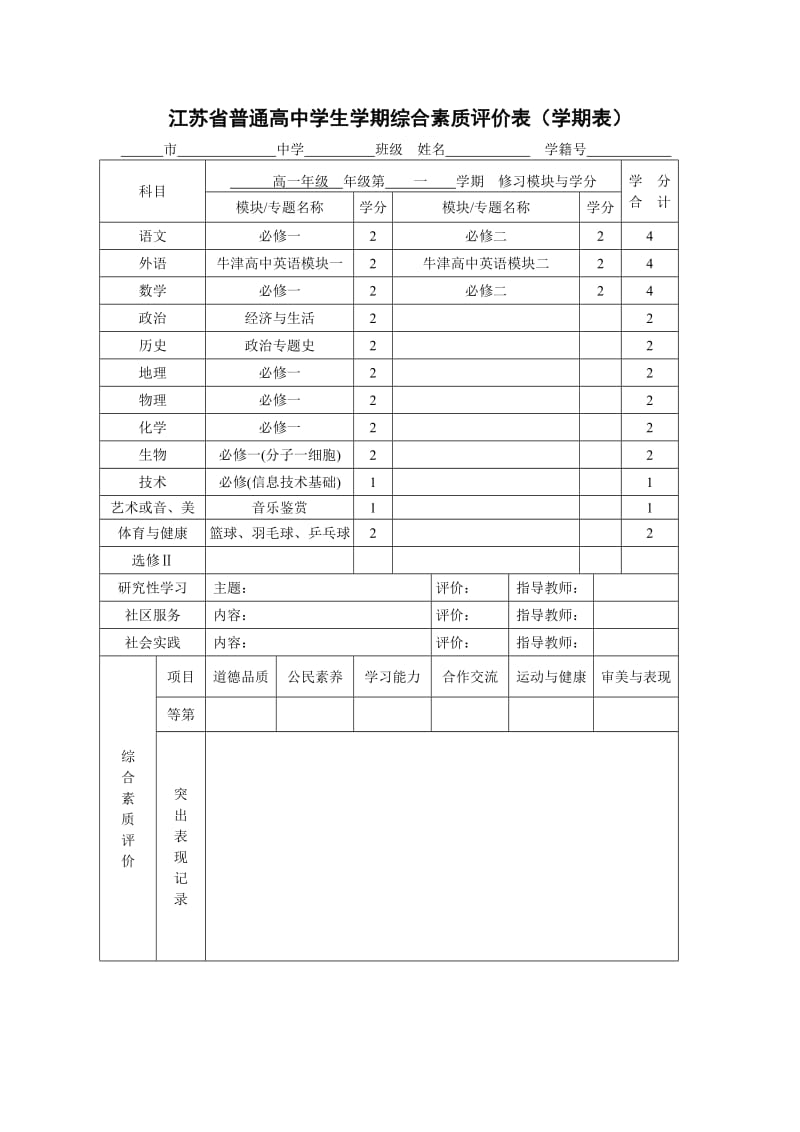 江苏省普通高中学生学期综合素质评价表学期表.doc_第1页