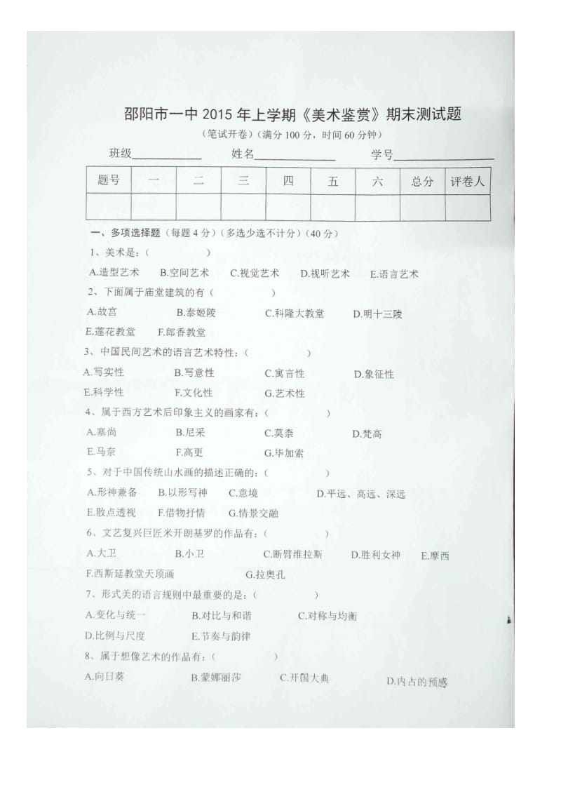 2015年上期邵阳市一中高二美术考试试卷.doc_第1页