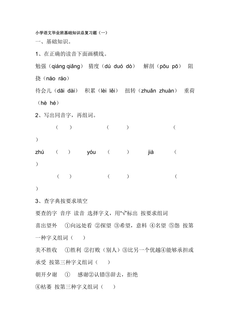 小学语文毕业班基础知识总复习题.doc_第1页