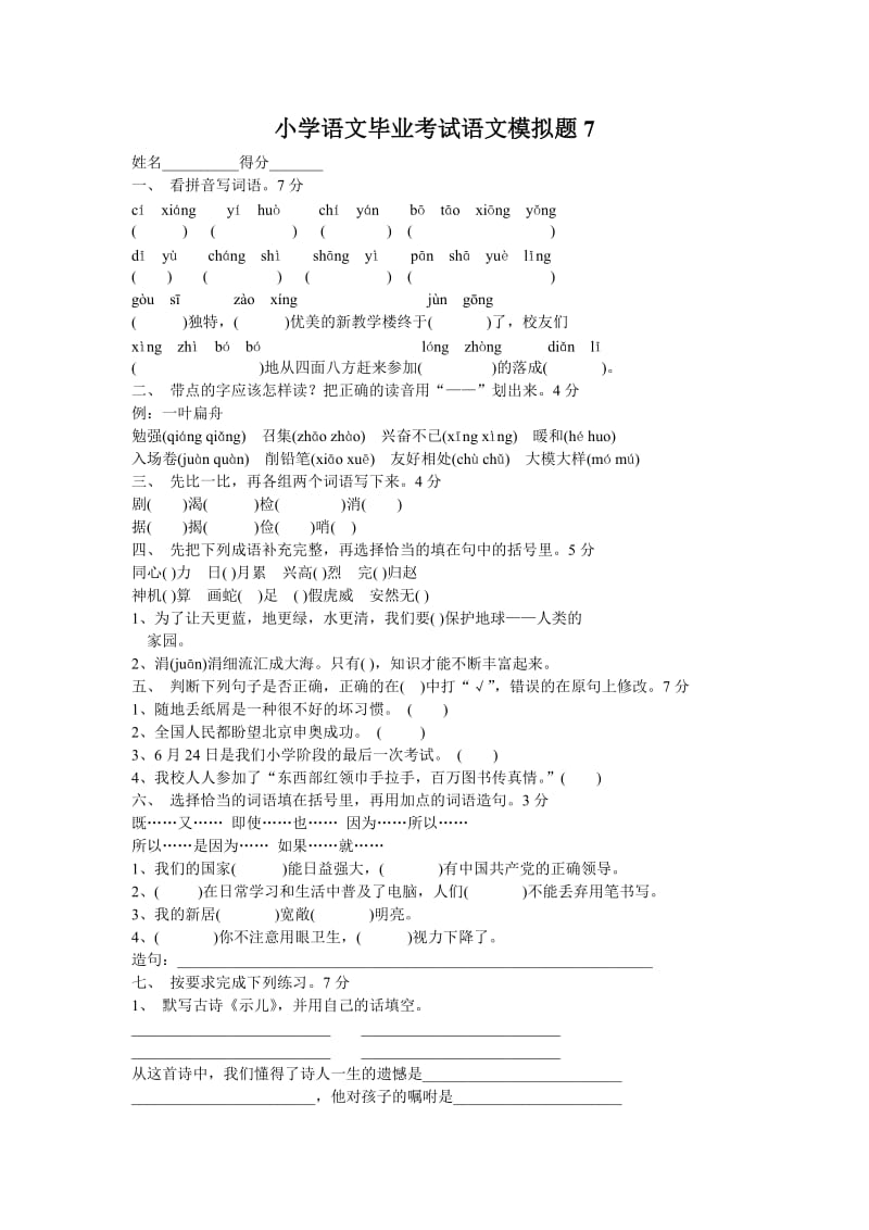 小学语文毕业考试语文模拟题.doc_第1页