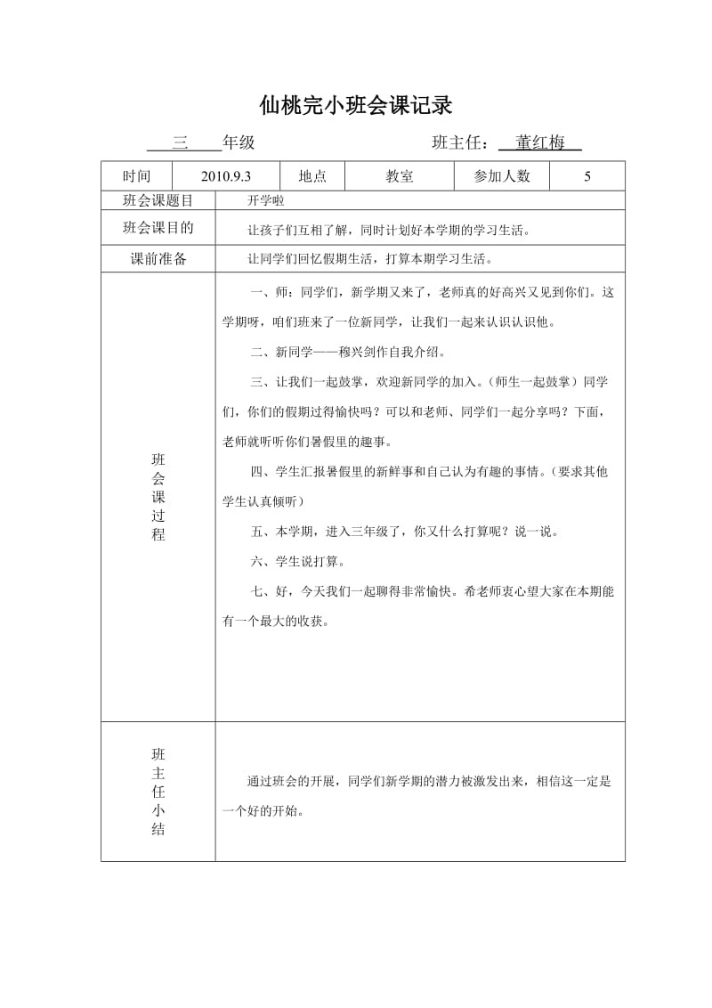 仙桃完小班会课记录.doc_第1页