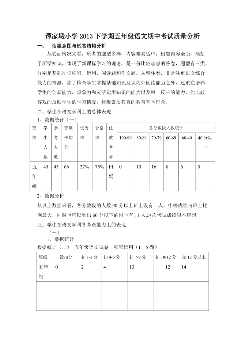 谭家塅2013上学期五年级语文学科期中考试质量分析.doc_第1页