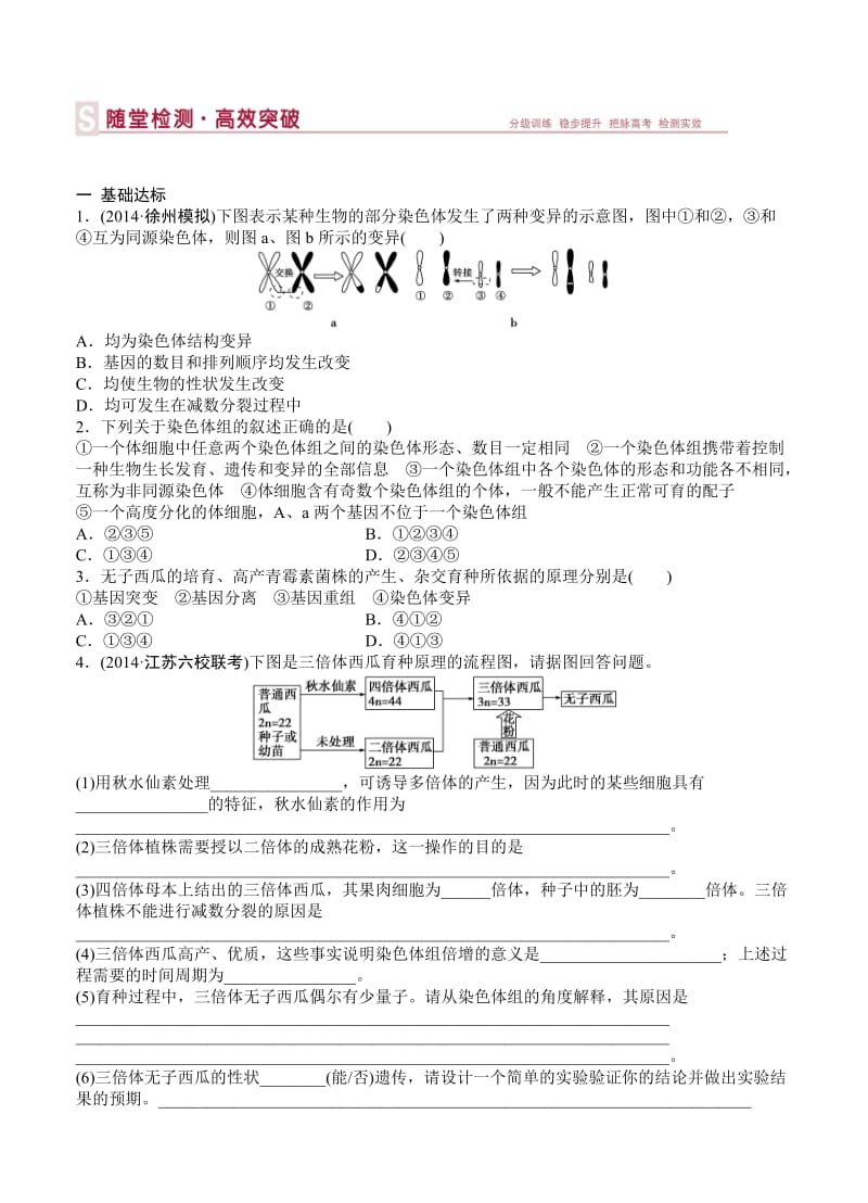 2015届《优化方案》高考生物(苏教版)一轮随堂检测染色体变异及其应用.doc_第1页