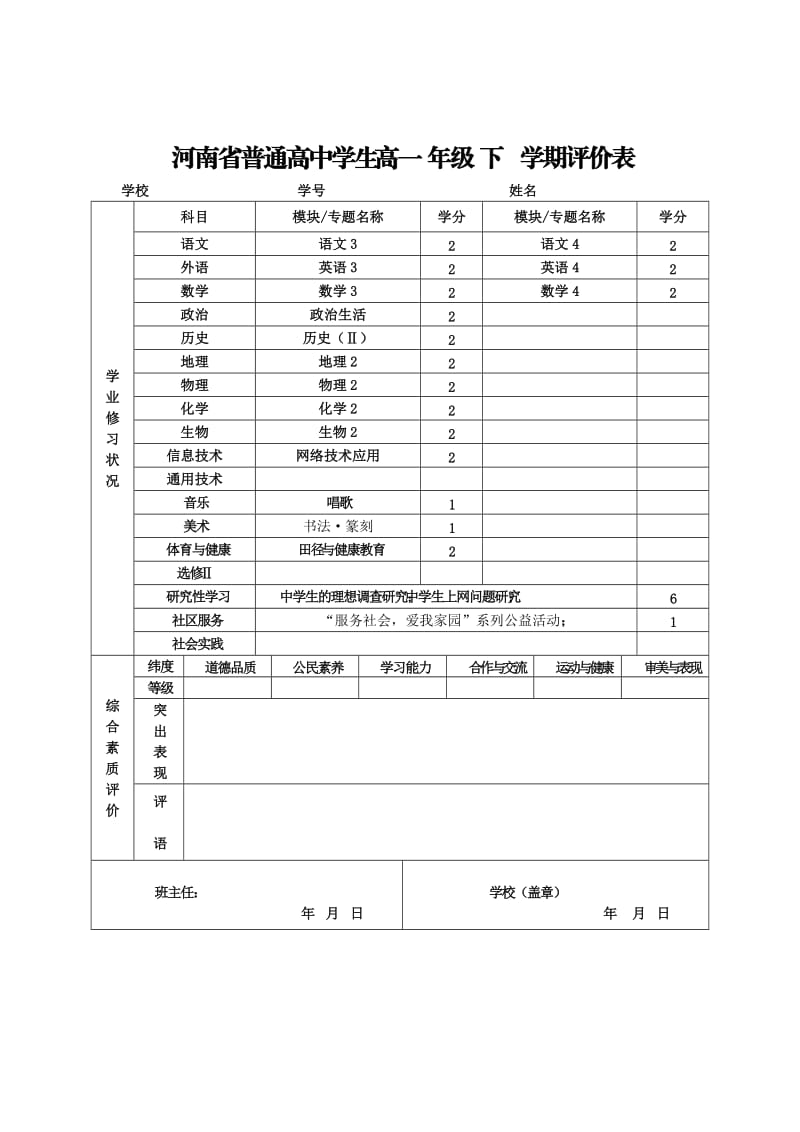 河南省普通高中学生评价表.doc_第2页