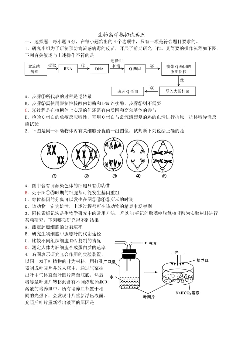 生物高考模拟试卷五.doc_第1页