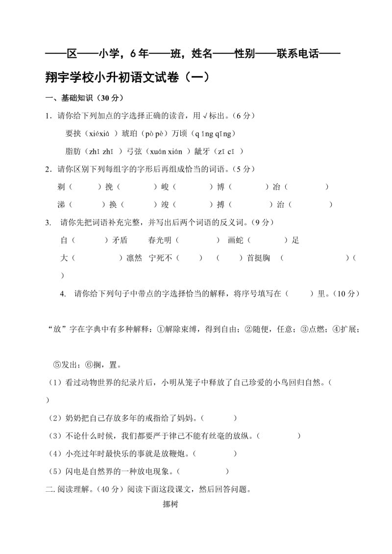 翔宇学校小升初语文试卷(一).doc_第1页