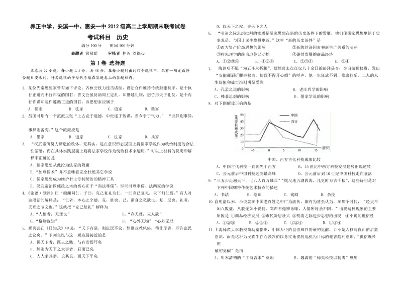 2013年秋高二(上)期末三校联考历史试卷.doc_第1页