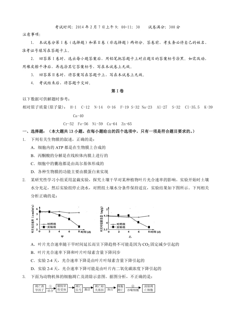 湖北省部分重点中学高三联考理综试题.doc_第1页