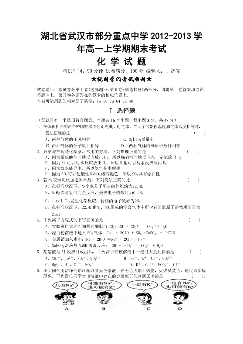 湖北省武汉市部分重点中学2012-2013学年高一上学期期末考试化学试题.doc_第1页