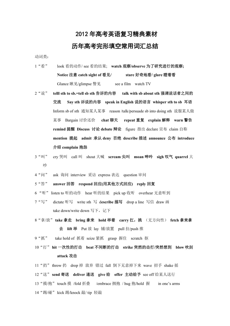 2012高考完形填空常用词汇总结.doc_第1页