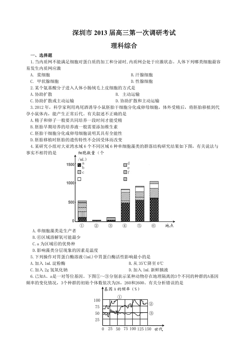 深圳市2013届高三第一次调研考试(理综).doc_第1页