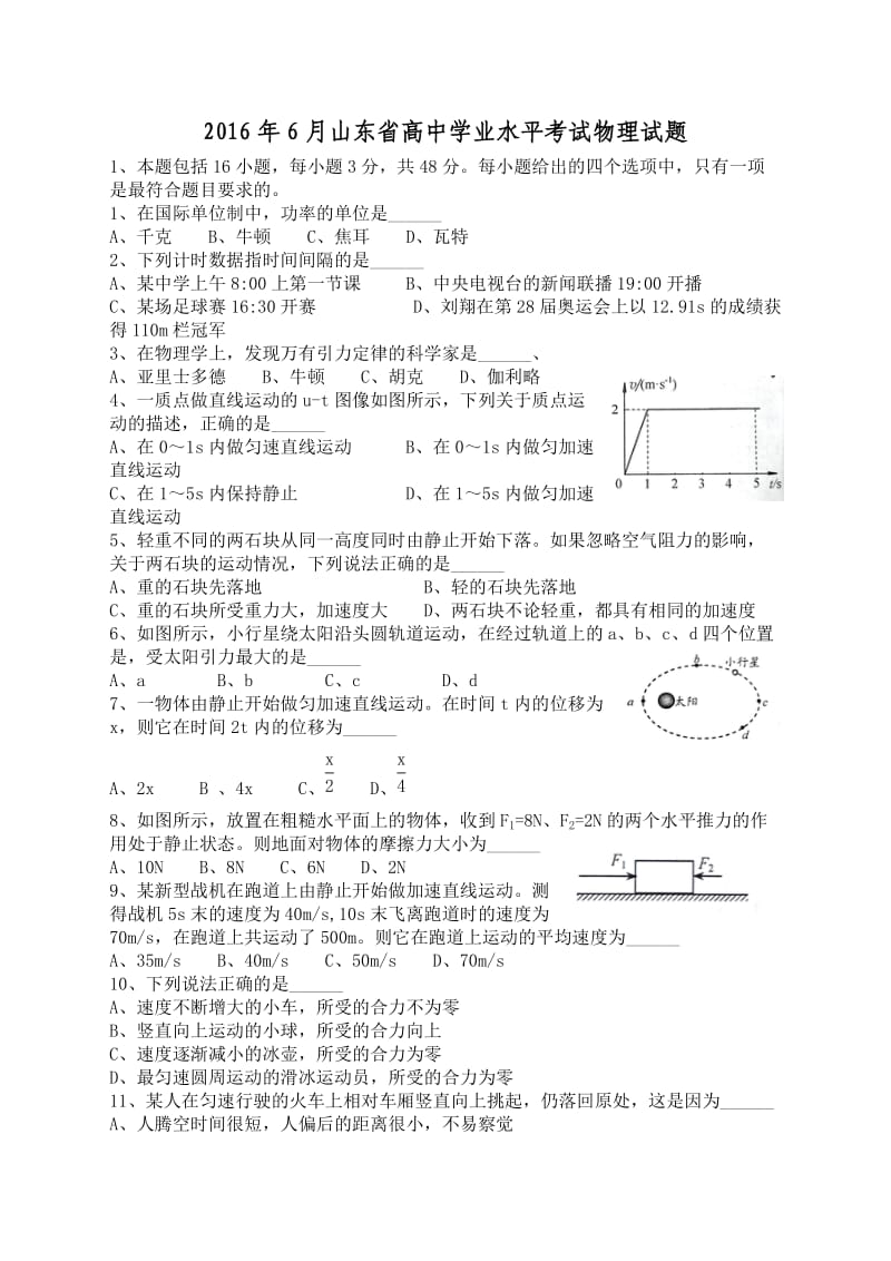 山东省2016年夏季普通高中学业水平考试物理试题(有答案).doc_第1页