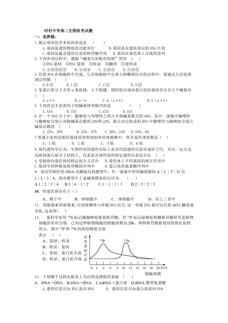 人教版试题试卷时村中学高二生物段考试题.doc_第1页