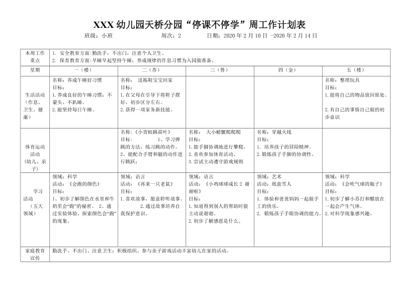 XX幼儿园“停课不停学”小班第二周工作计划表_第1页