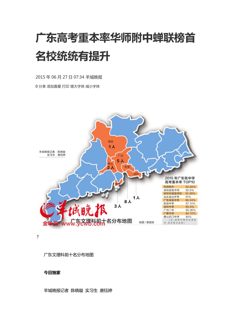 2015年广东各中学高考重本率广东文理科前十名分布地图.docx_第1页