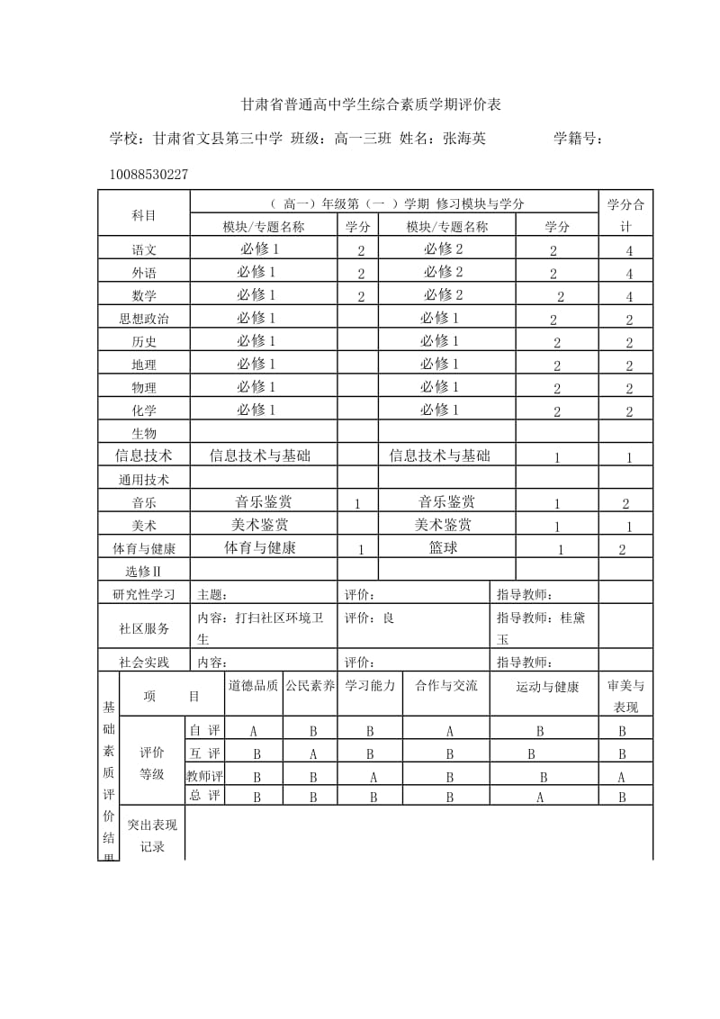 甘肃省三中普通高中学生综合素质学期评价表.doc_第1页