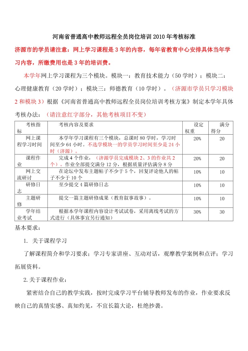 河南省普通高中教师远程全员岗位培训2010年考核标准.doc_第1页
