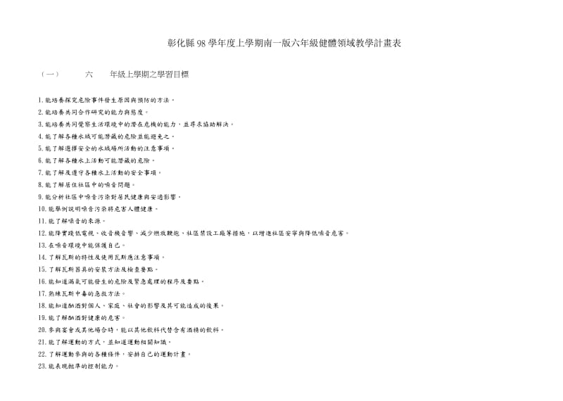 彰化县98学年度上学期南一版六年级健体领域教学计画表.doc_第1页