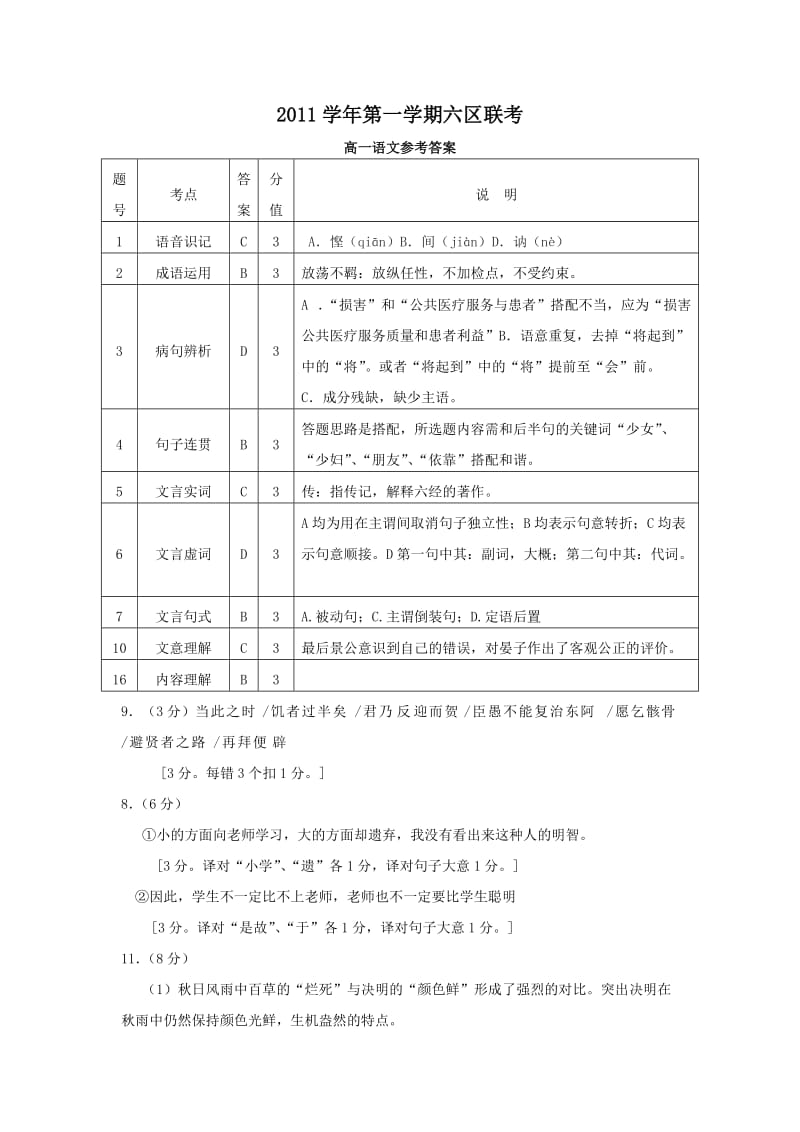 广州市2011-2012学年高一语文七区联考下学期期末考答案.doc_第1页