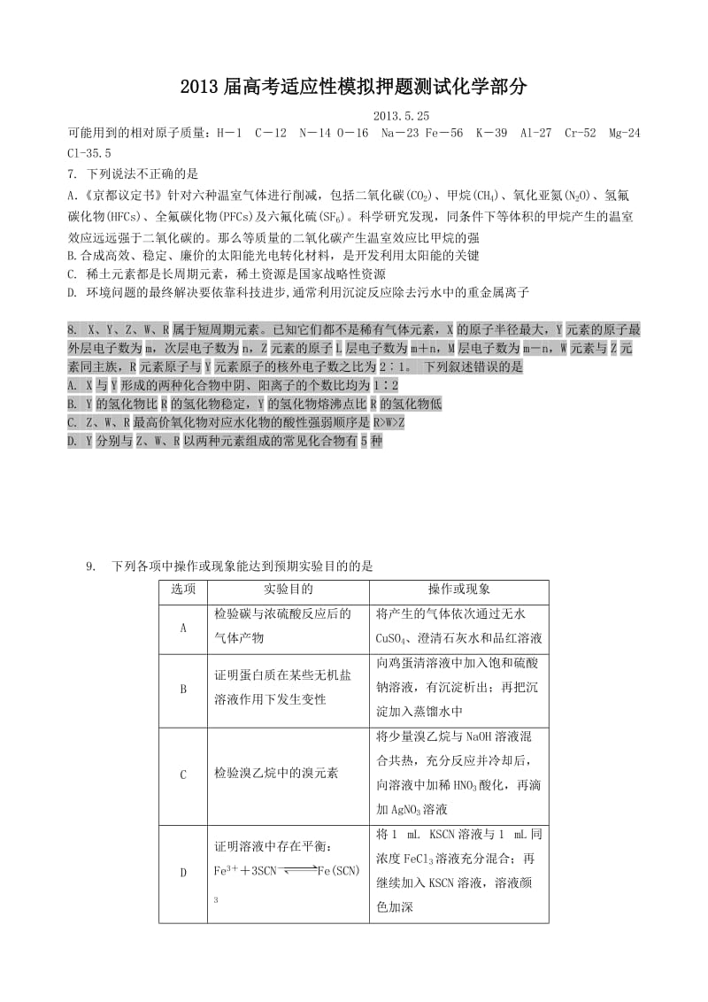 2013届高考适应性模拟押题测试化学部分(5.25).doc_第1页