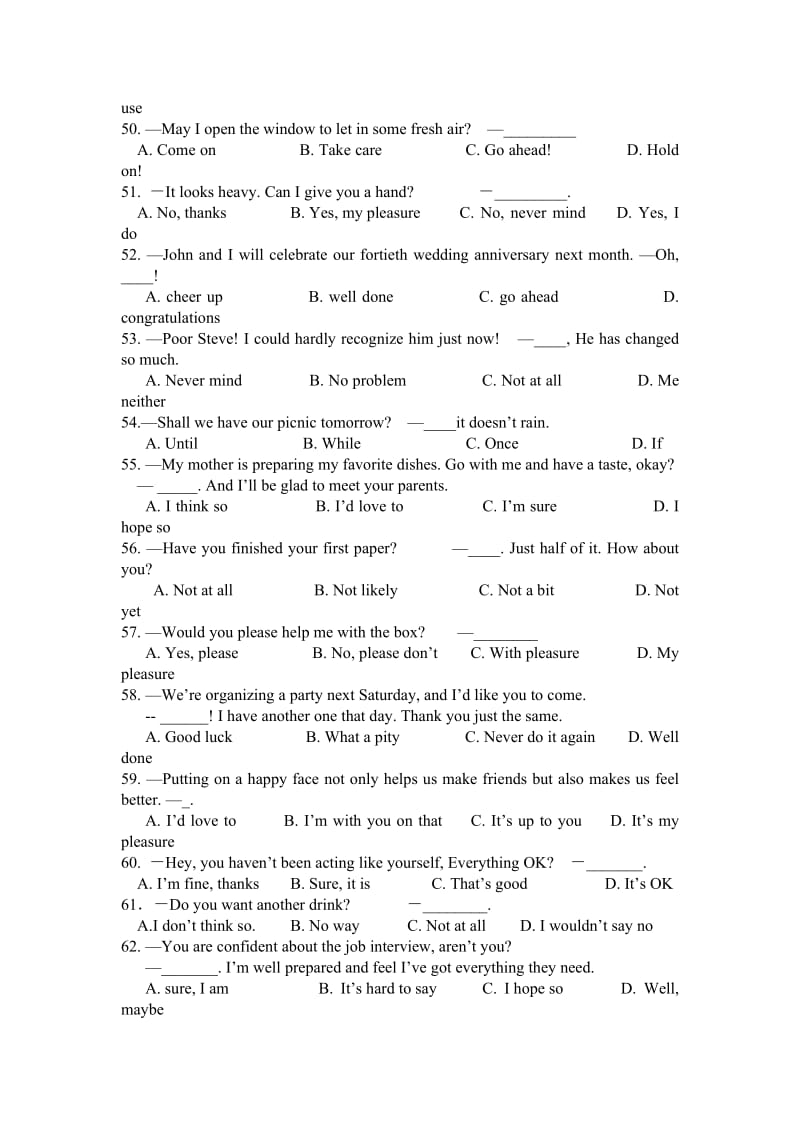 外研版高三英语总复习交际用语过关试题.doc_第2页