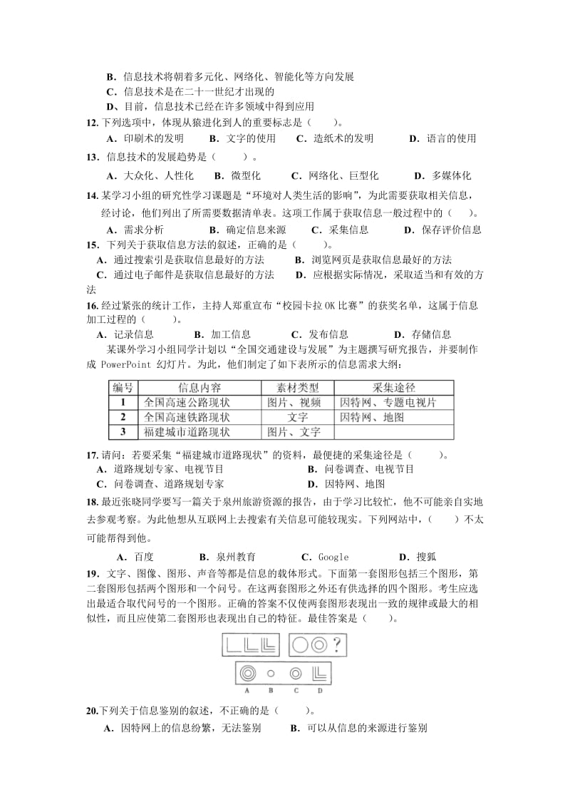 2015届高一上学期信息技术期末试题(必修).doc_第2页