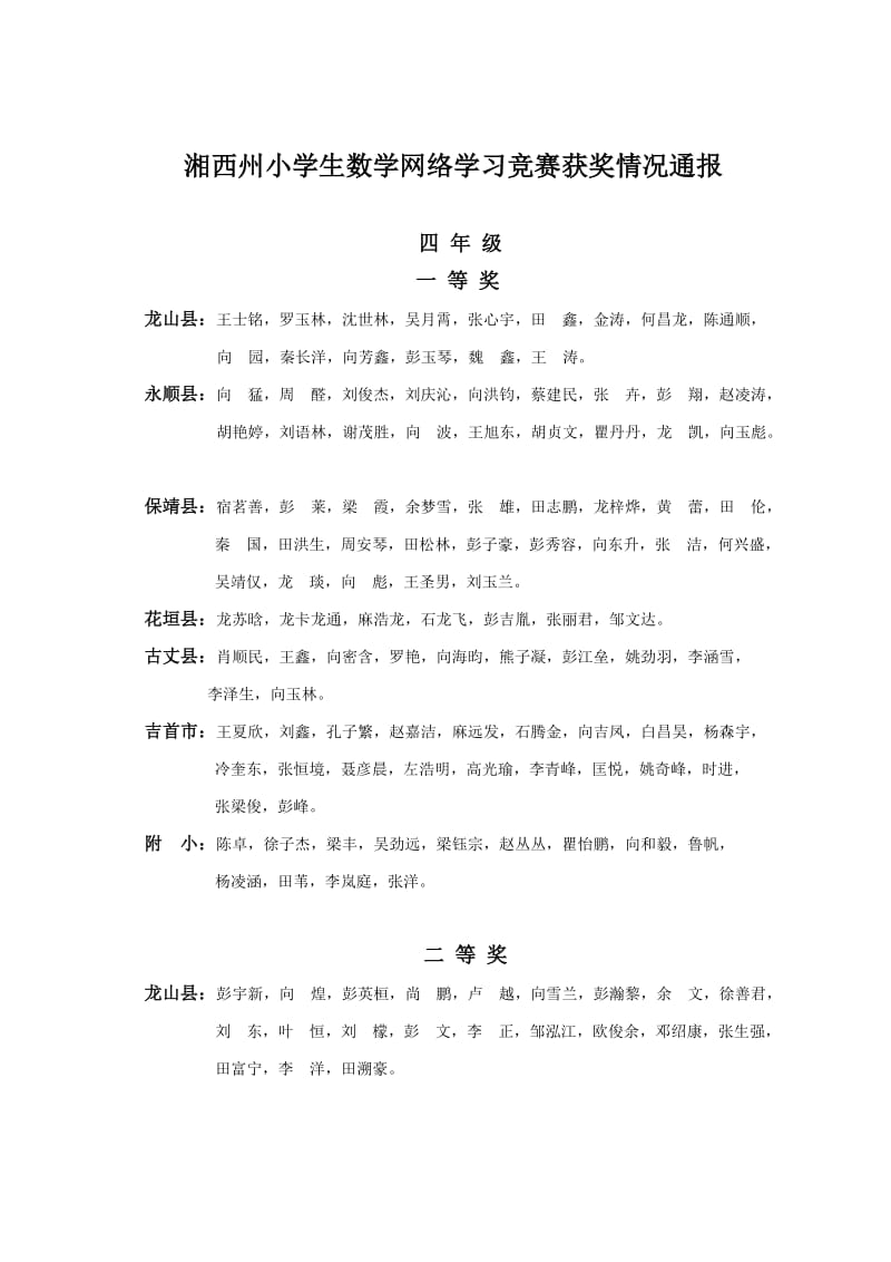 湘西州小学生数学网络学习竞赛获奖情况通报.doc_第1页
