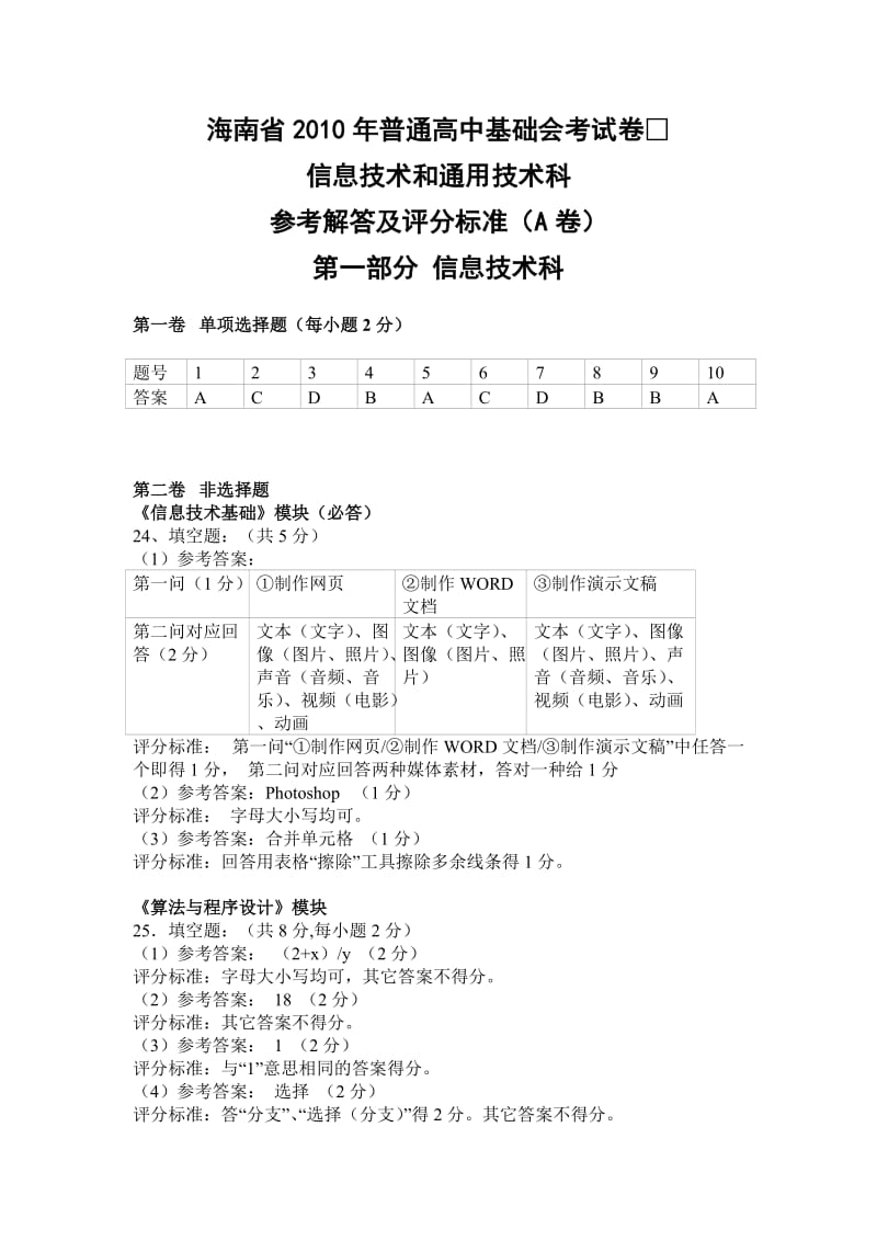 海南省2010年普通高中基础会考试卷.doc_第1页