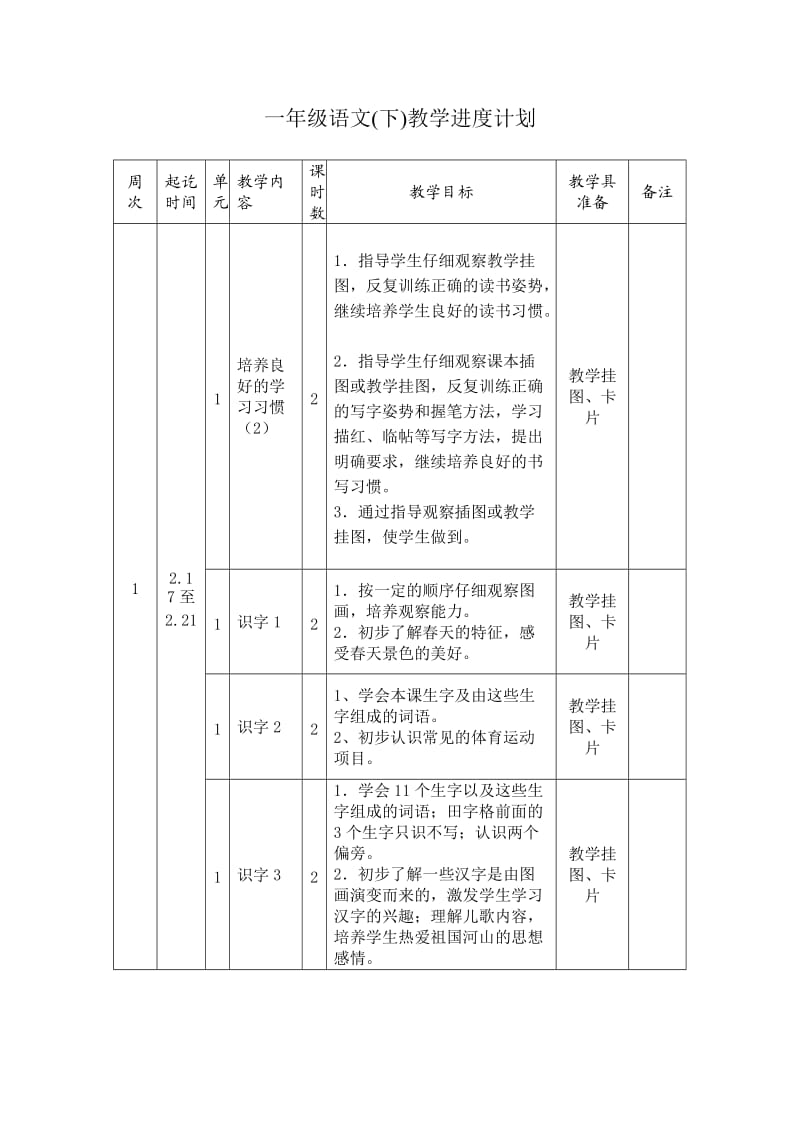 苏教版一年级语文下册教学进度计划.doc_第1页