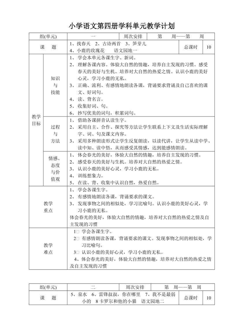 小学语文第四册学科单元教学计划.doc_第1页