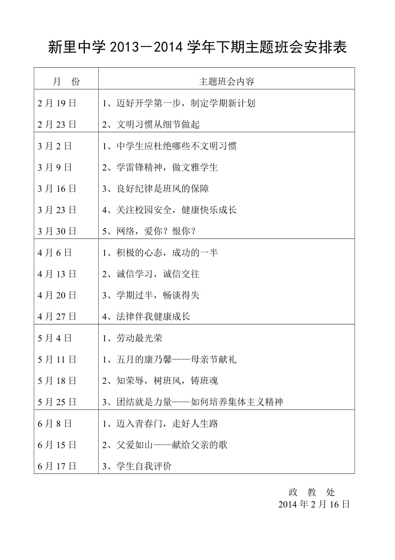 新里中学2011学年度下期主题班会安排表.doc_第1页