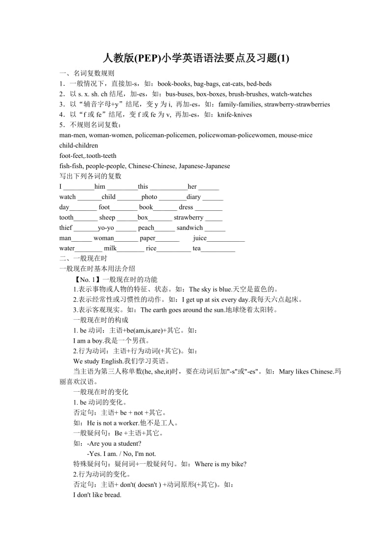 人教版(PEP)小学英语语法要点及习题.doc_第1页