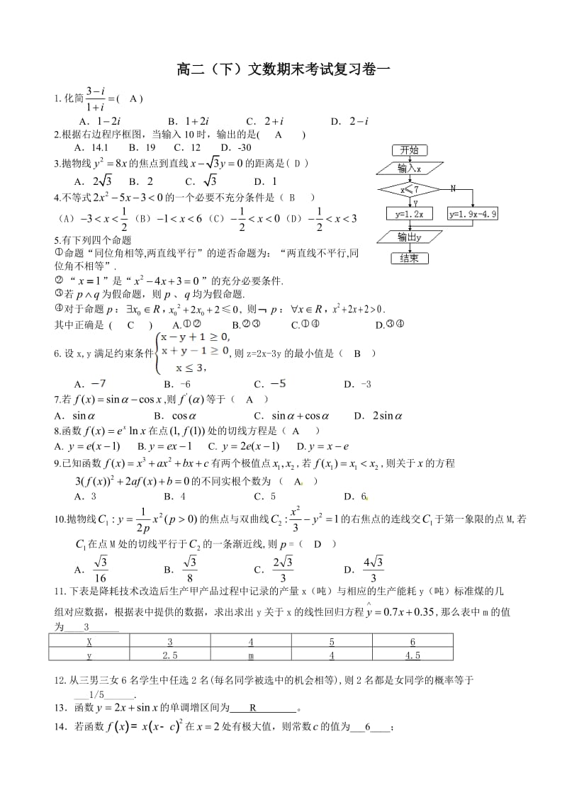 高二(下)文数期末考试复习卷一答案.doc_第1页