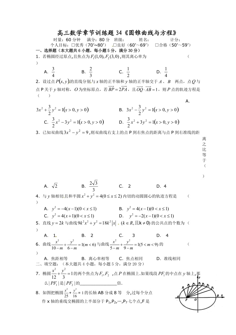 高中数学分章节训练试题：34圆锥曲线与方程.doc_第1页